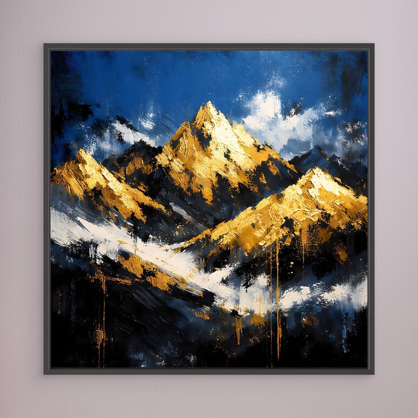 Leinwand Abstraktes Berggemälde in Blau und Gold | Modernes Berge Wandbild
