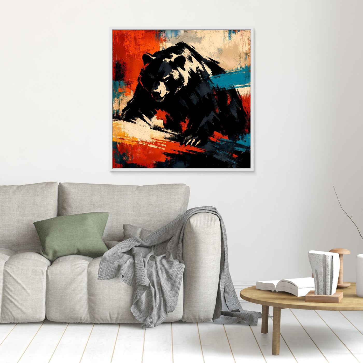 Leinwand-Wandbild: abstrakter Grizzlybär, schwarz-beige, Rot- und Blauakzente, ohne Rahmen