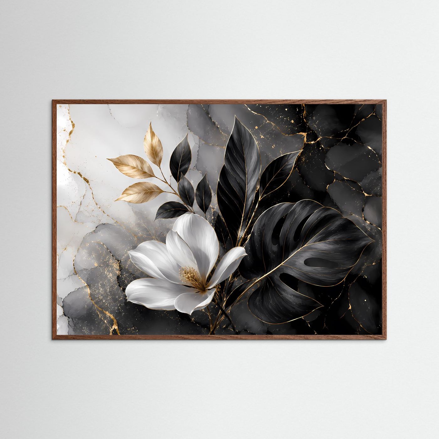 Magnolie Schwarz Gold Wandbild | Botanische Luxus Kunst | Monstera Blätter Poster | Elegante Leinwand | Modern Floral Wall Art | Marmor Dekoration