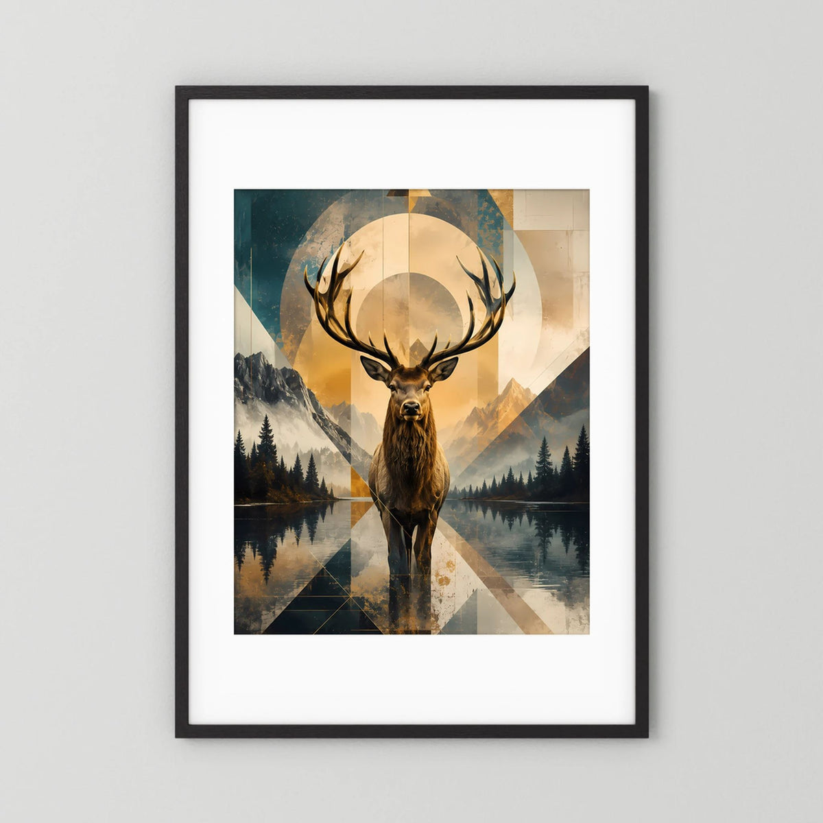 Poster im Hochformat mit Hirsch und geometrischer Berglandschaft, goldblau, schwarzer Rahmen