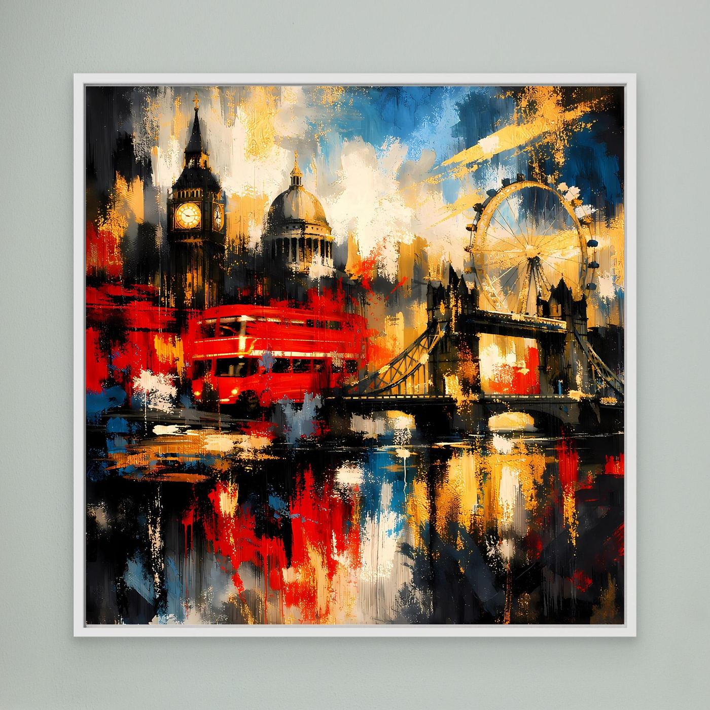 Leinwandbild mit abstrakter London-Skyline, bunt, weißer Rahmen