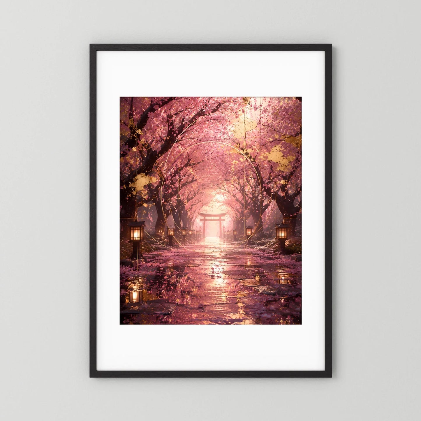 Hochformatiges Poster mit Sakura-Allee, Torii-Tunnel und Laternen, schwarzer Rahmen