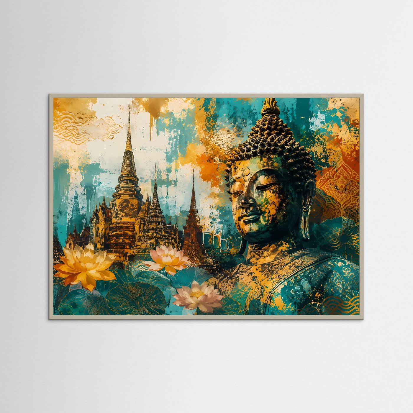 Kunstposter im Querformat mit Buddha, Tempelturm und gelben Blumen im grauen Rahmen