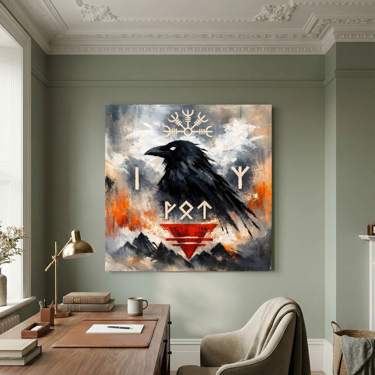Wandbild mit schwarzem Rabenmotiv und nordischen Runen auf hellem Hintergrund