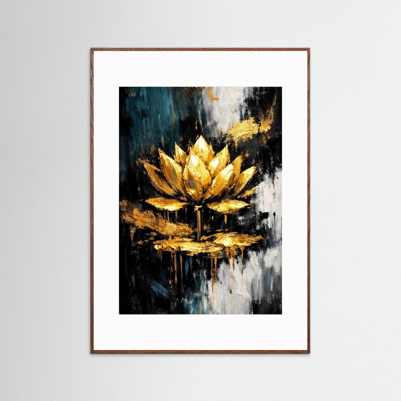 Abstraktes Lotusposter mit goldener Blüte, teal-schwarz, im dunkelbraunen Rahmen