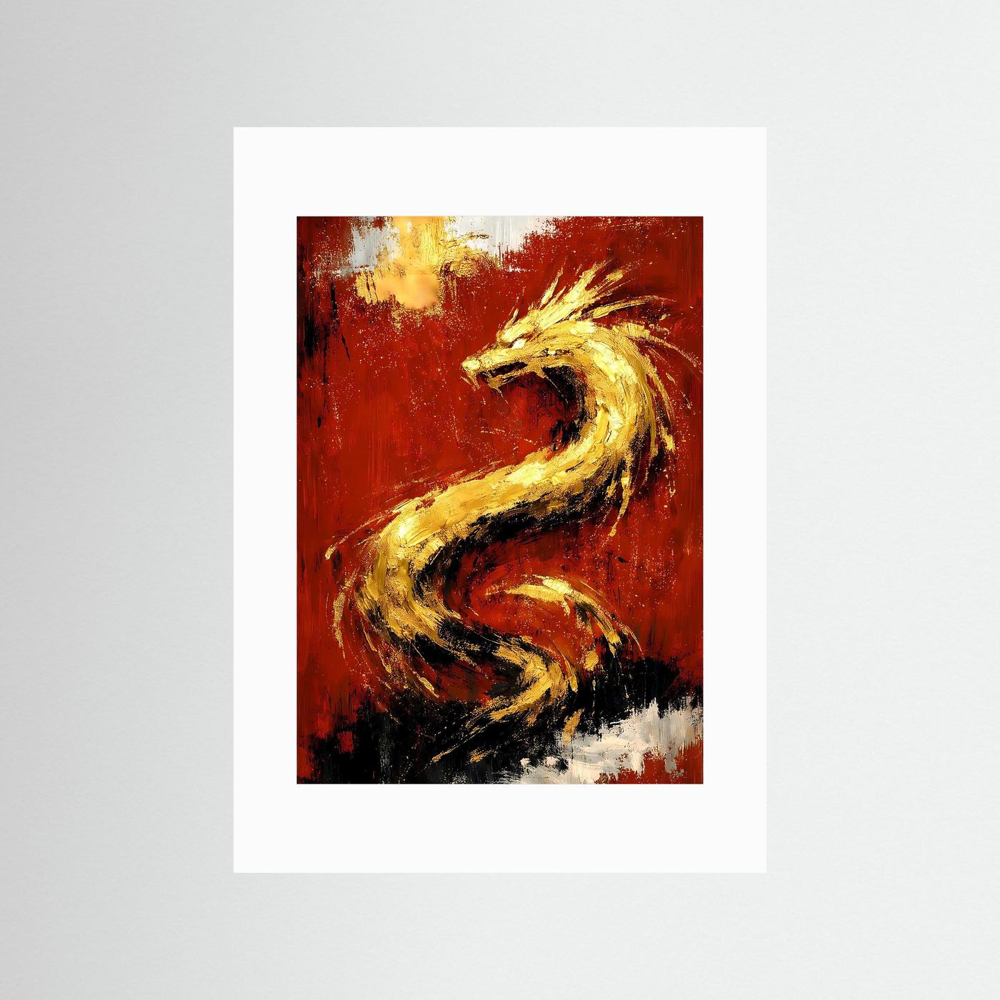 Drachenposter mit weißem Passepartout, goldener Drachenwirbel auf rubinrot