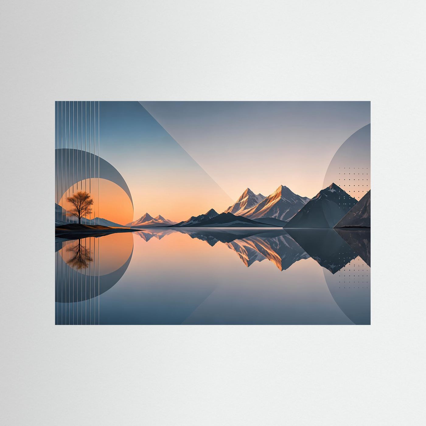 Poster im Querformat: abstrakte Berge mit Spiegelung, blau-orange Farbverlauf