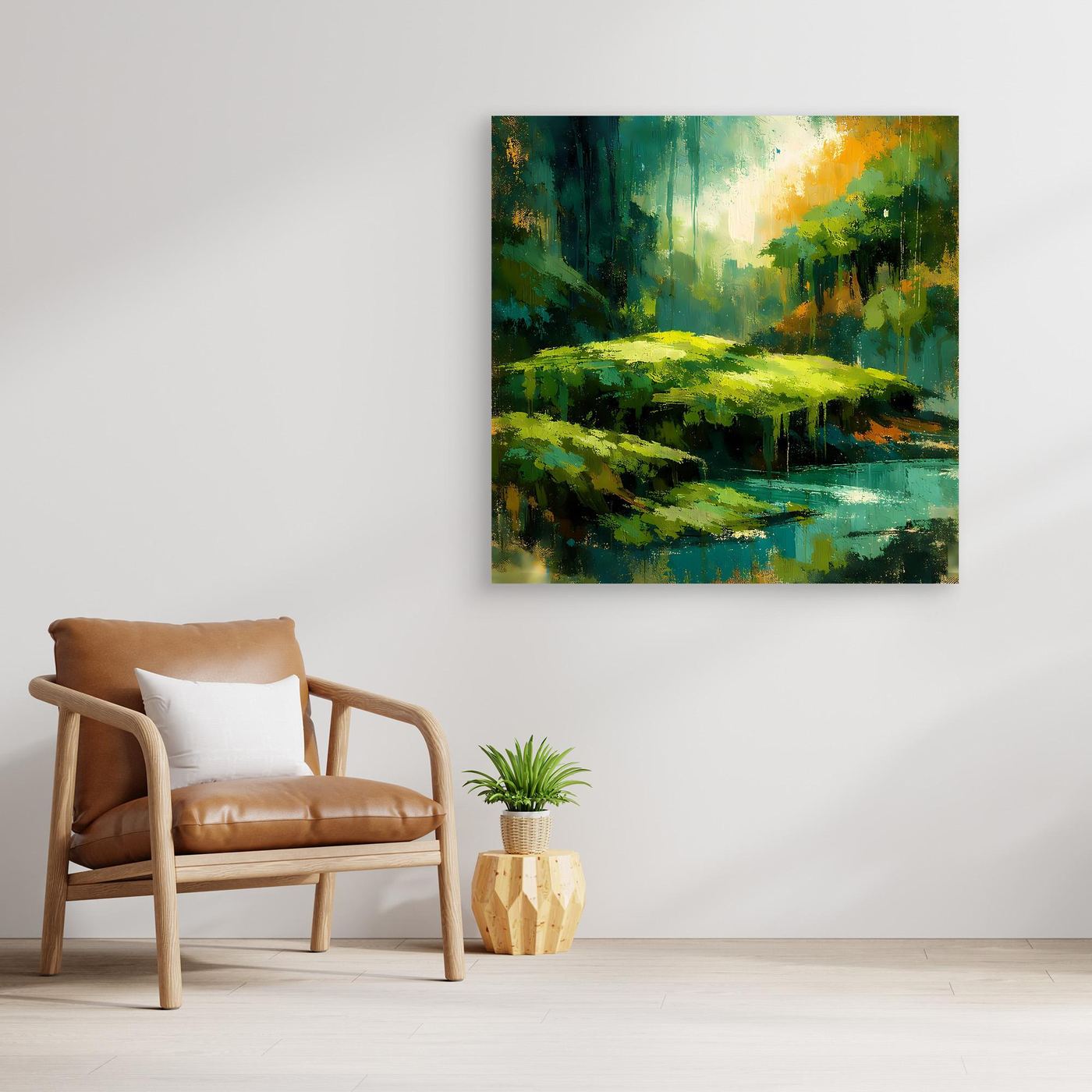 Abstraktes Leinwandbild Dschungel und Fluss mit goldfarbenem Holzrahmen