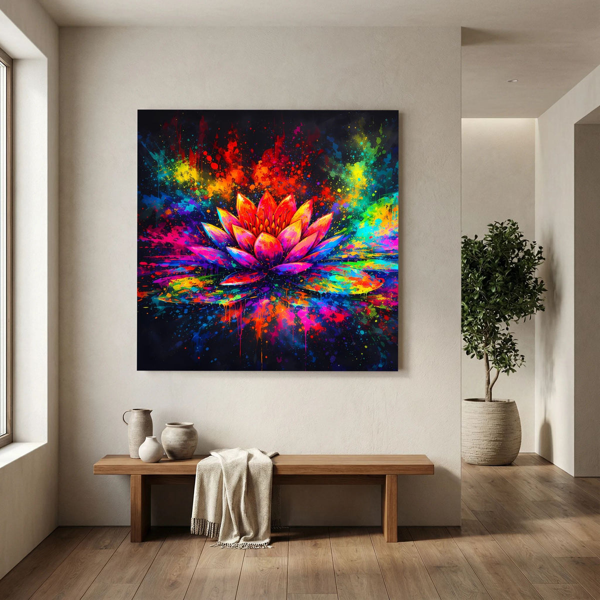 Rechteckiges Leinwandbild mit abstrakter Seerose, regenbogenfarbige Explosion und Spiegelung