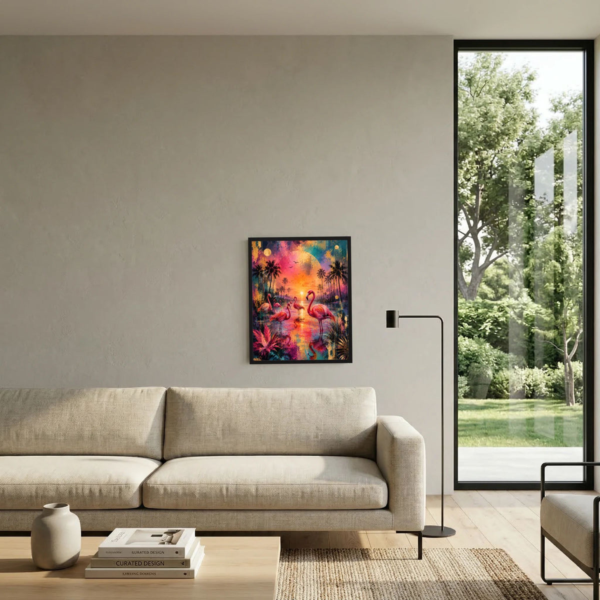 Gerahmtes Poster mit Flamingos im tropischen Sonnenuntergang als Wanddekoration