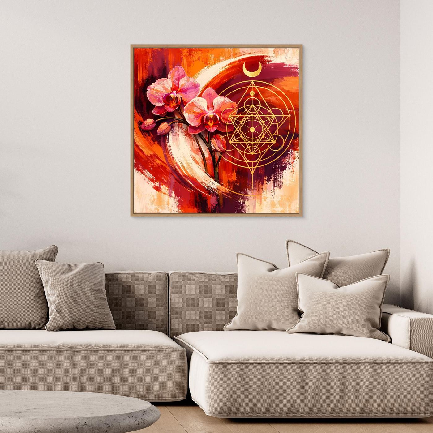 Gerahmtes Wandbild mit Orchidee, heiligen Geometrie-Symbolen und Halbmond im orange-roten Stil
