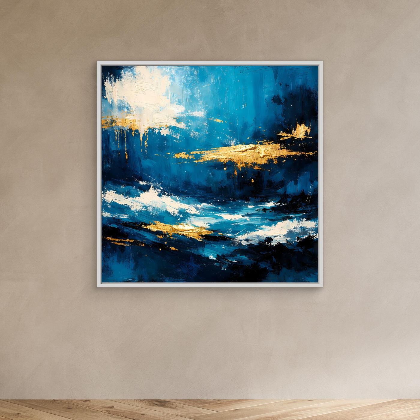Leinwandbild mit abstrakten Meereswellen in Blau und Gold, im weißen Rahmen