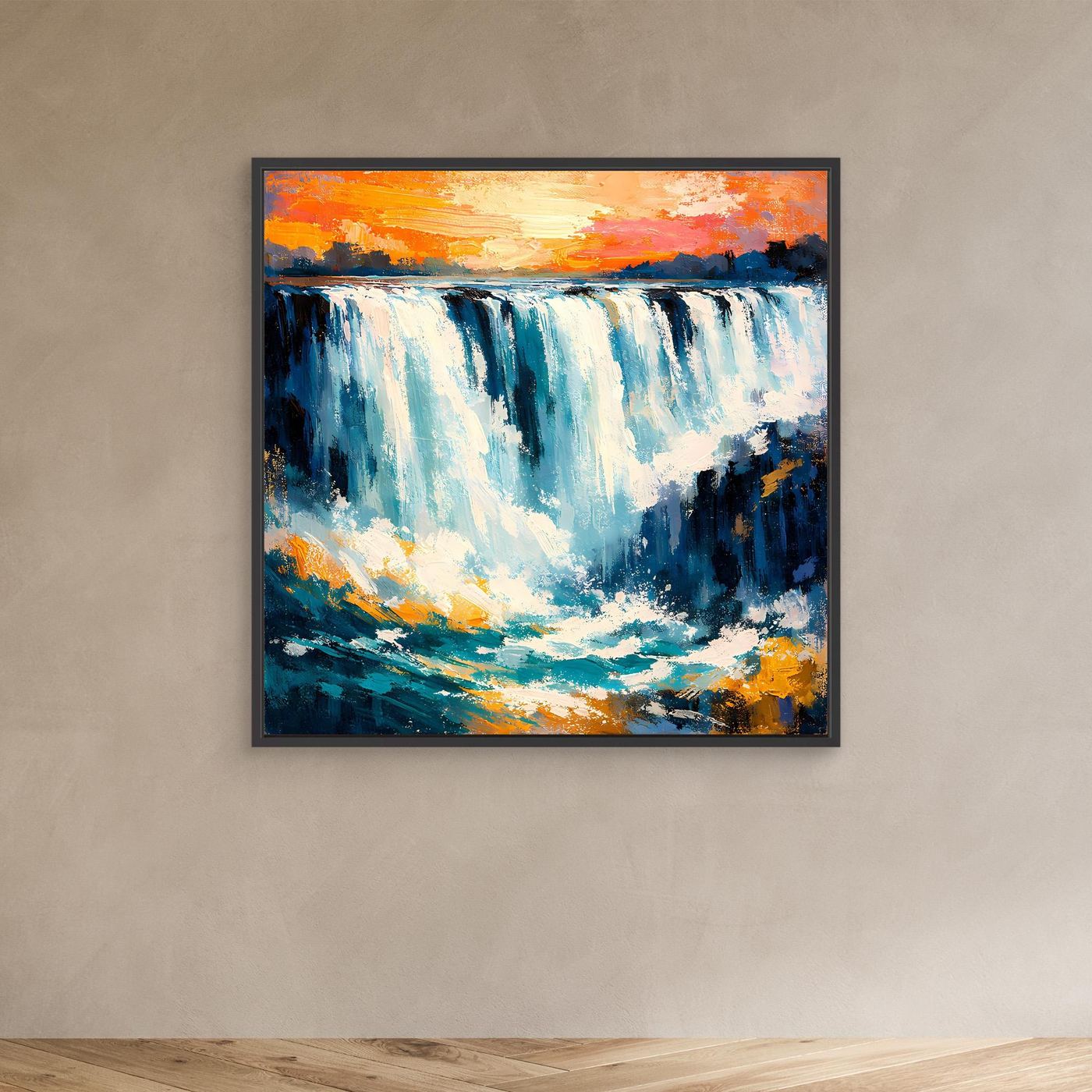 Wandbild mit abstraktem Wasserfall, schwarzer Rahmen
