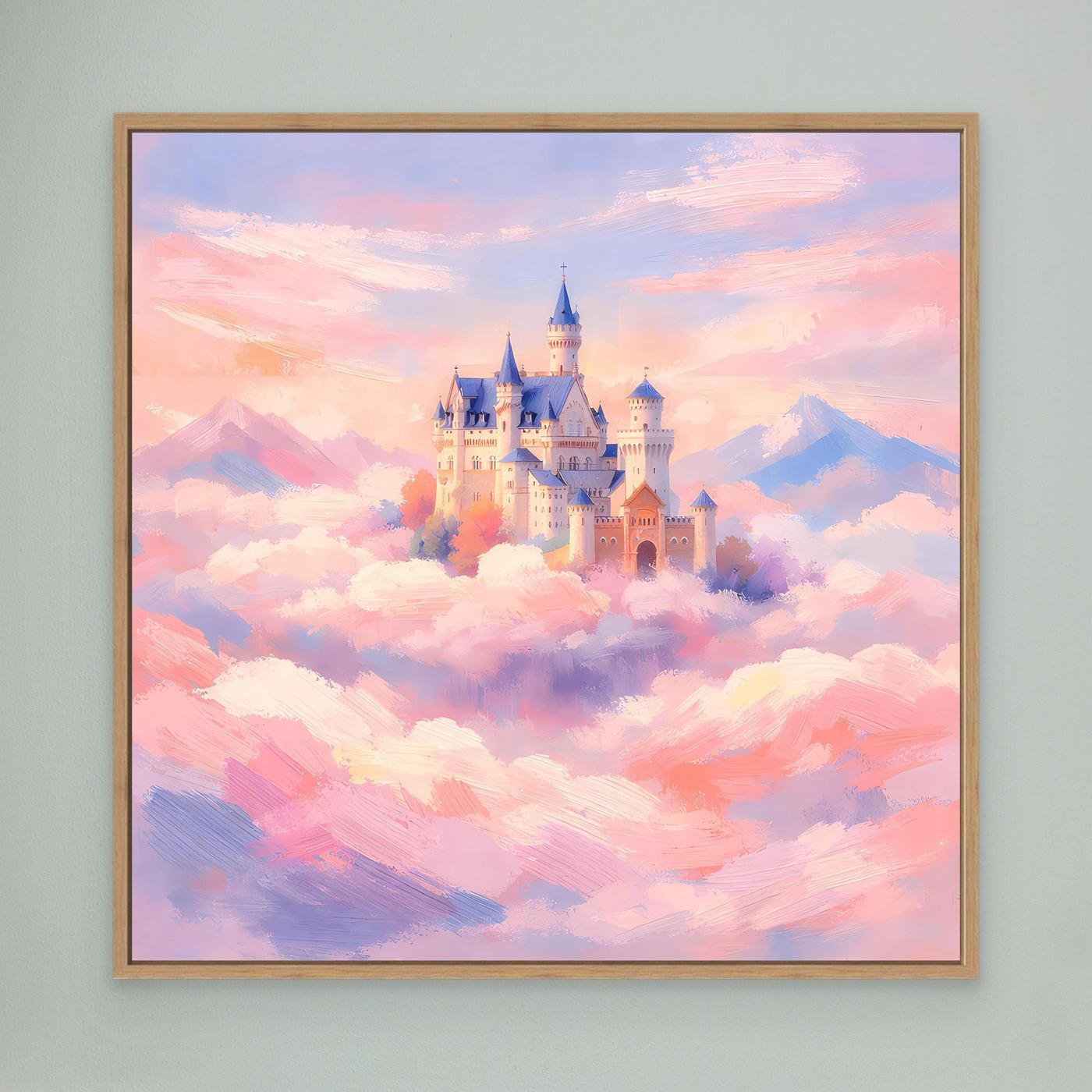 Leinwand Schloss Neuschwanstein über Wolken | Märchenhafte Pastelltöne Wandbild