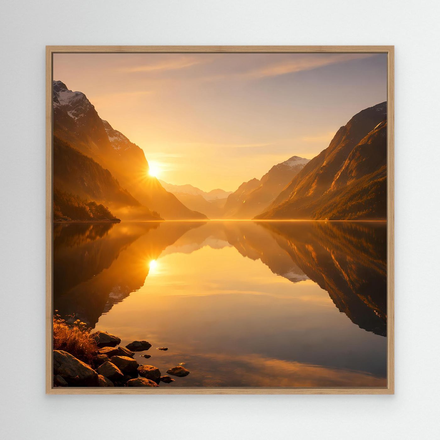 Leinwandbild im Eichenrahmen mit goldenem Fjord, Bergen und Sonnenaufgang im See