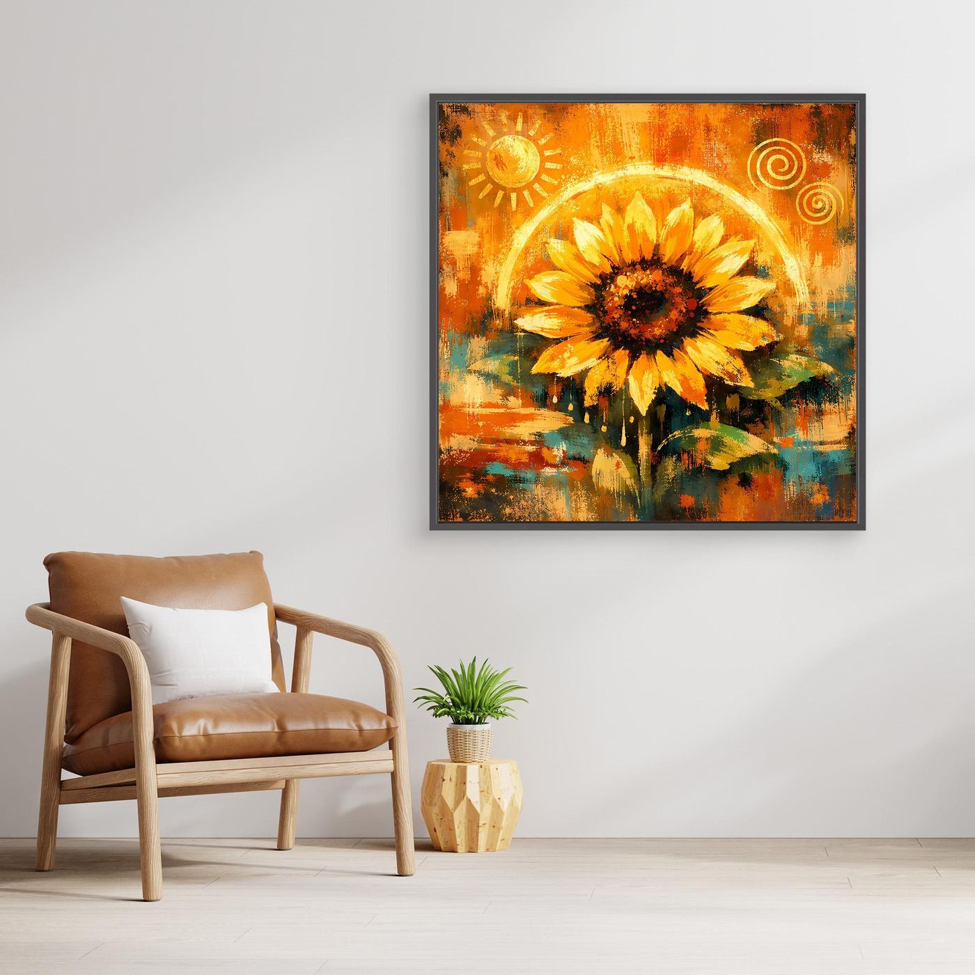 Gerahmtes Leinwandbild mit goldener Sonnenblume, kontrastreiche Farben und dunkler Blütenkern