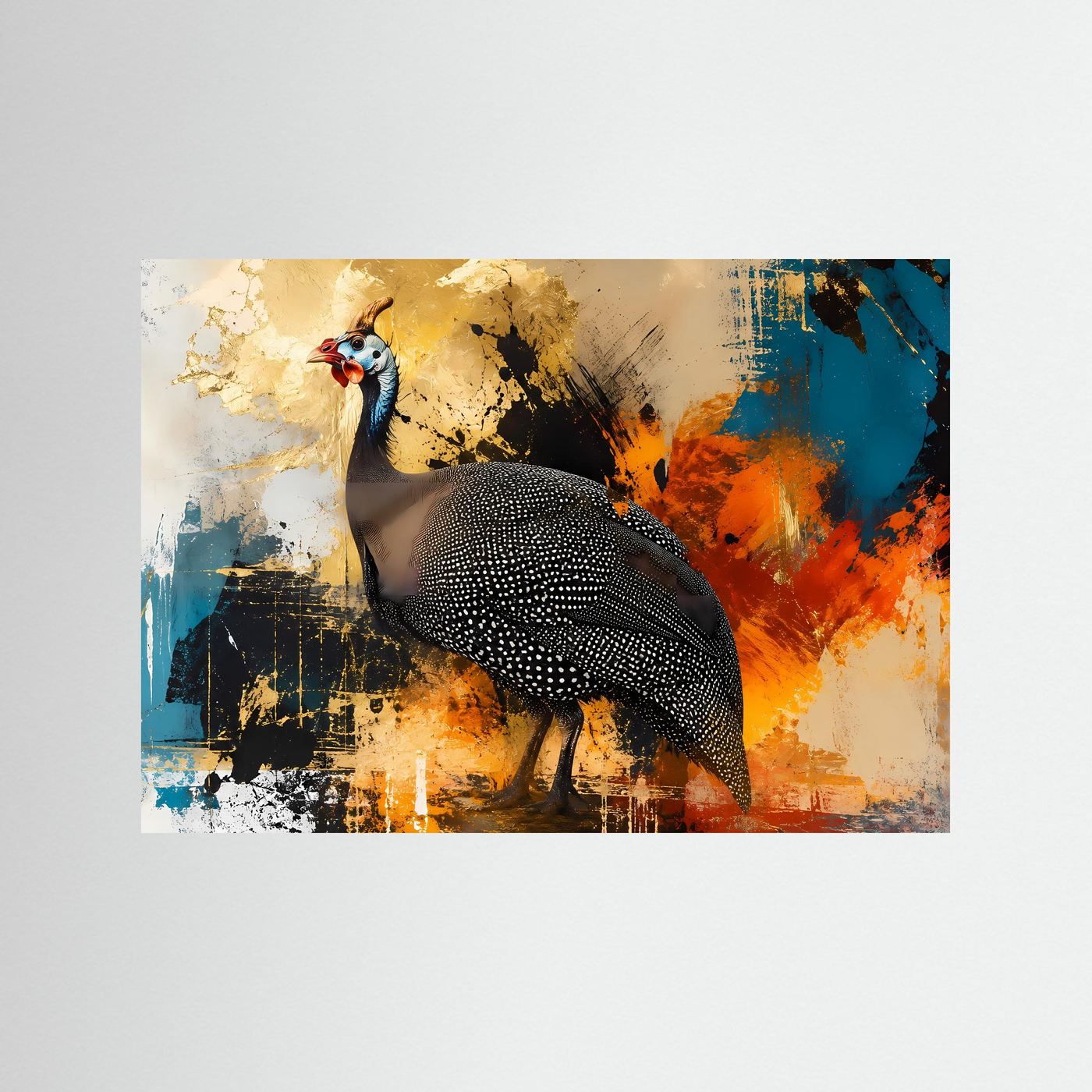 Exotisches Perlhuhn im abstrakten Farbspiel | Modernes Vogel- & Kunst-Poster Querformat