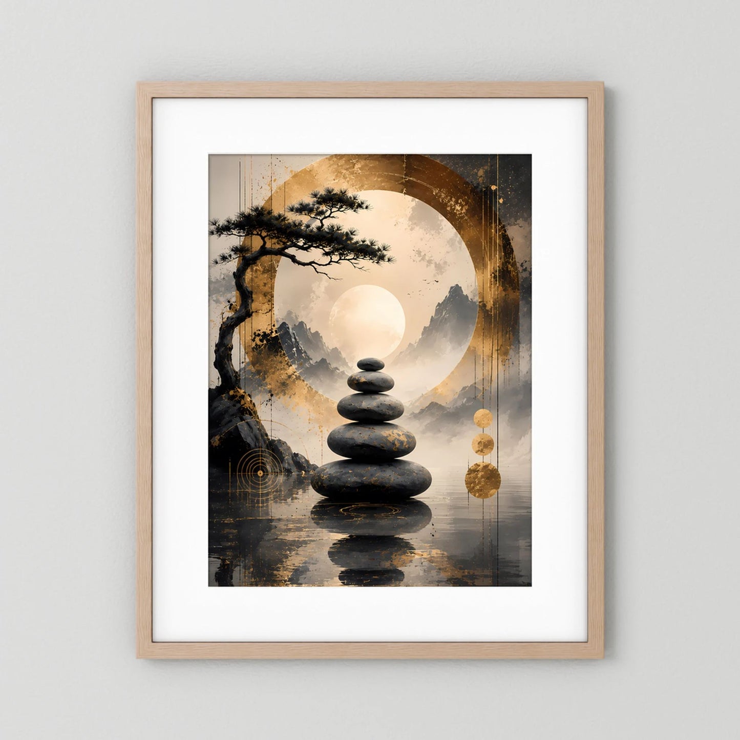 Poster im Hochformat mit Bonsai, Steinstapel und goldfarbener Kreisgrafik, hellbrauner Holzrahmen