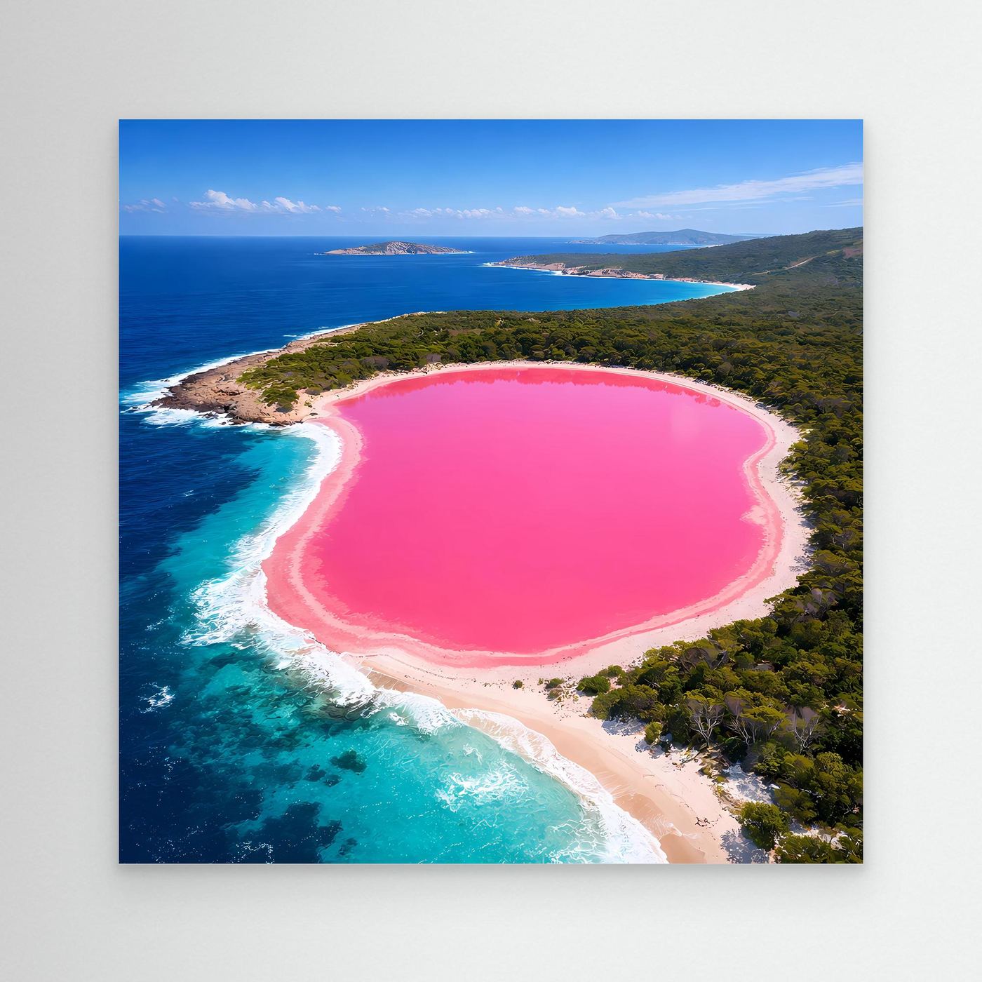 Leinwandbild mit rosa See und Küstenlinie, Luftaufnahme im Querformat