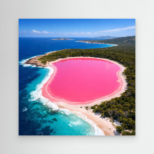 Leinwandbild mit rosa See und Küstenlinie, Luftaufnahme im Querformat