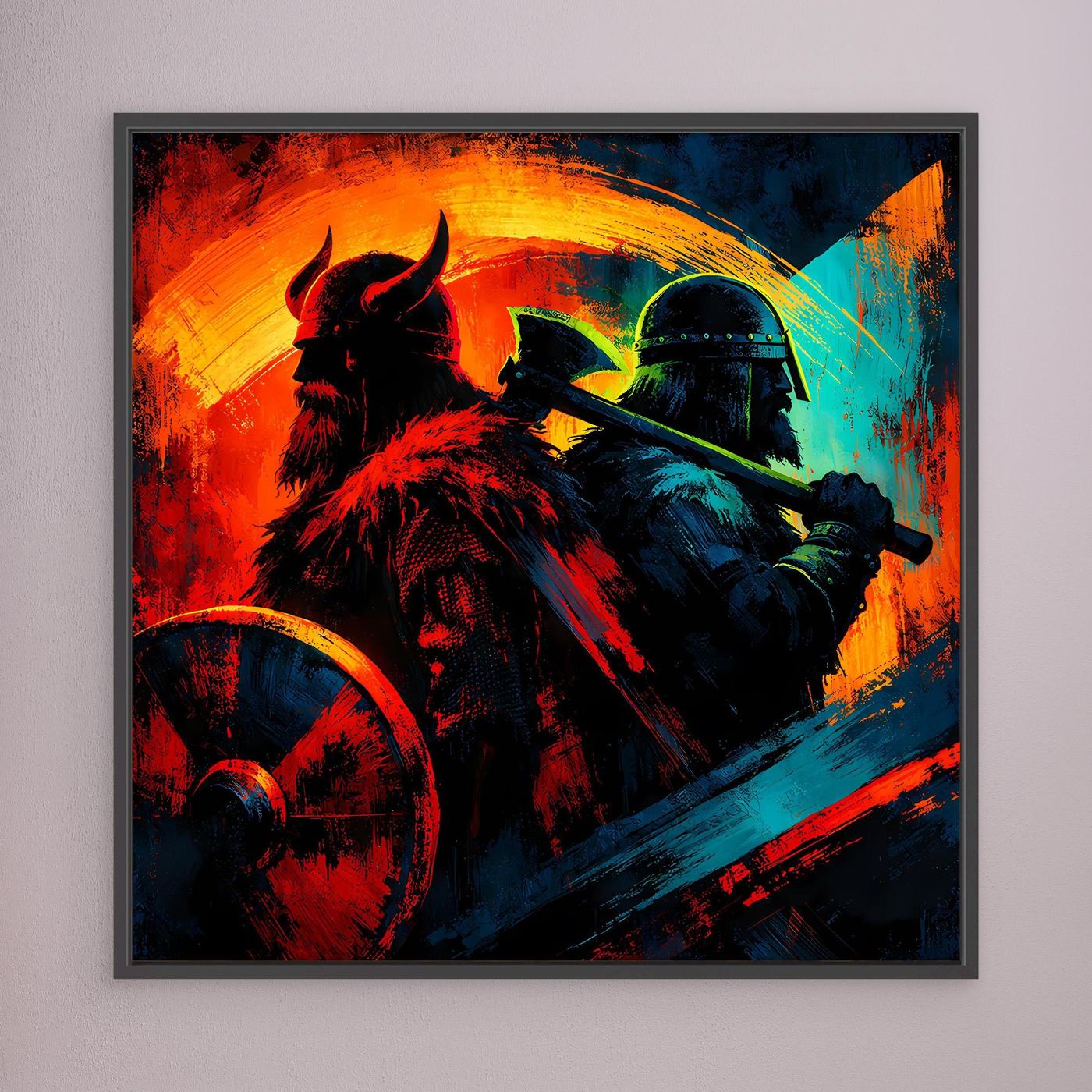 Gerahmtes Leinwandbild: Wikingerkrieger mit Helm und Axt, schwarzer Rahmen, Rot-Blau-Grafik