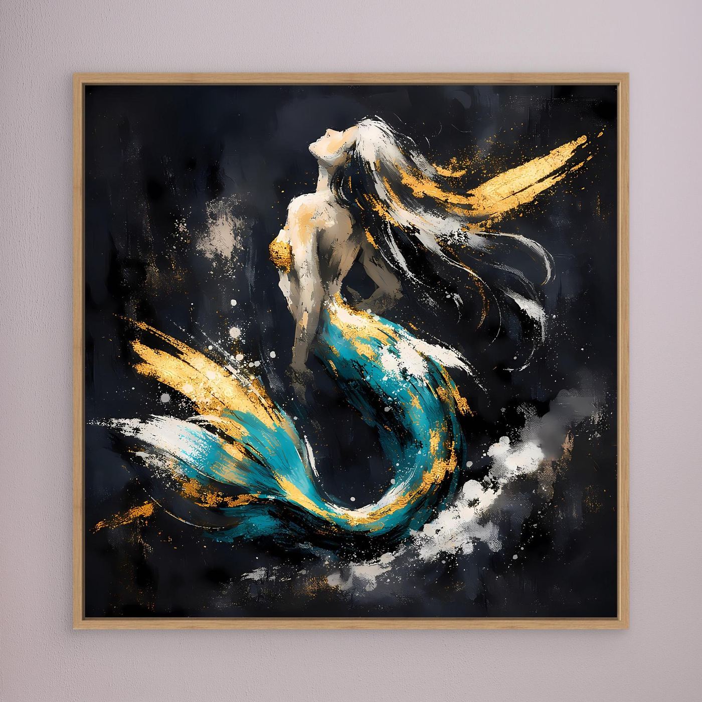 Leinwand Elegante Meerjungfrau in Türkis und Gold | Modernes Fantasy Wandbild
