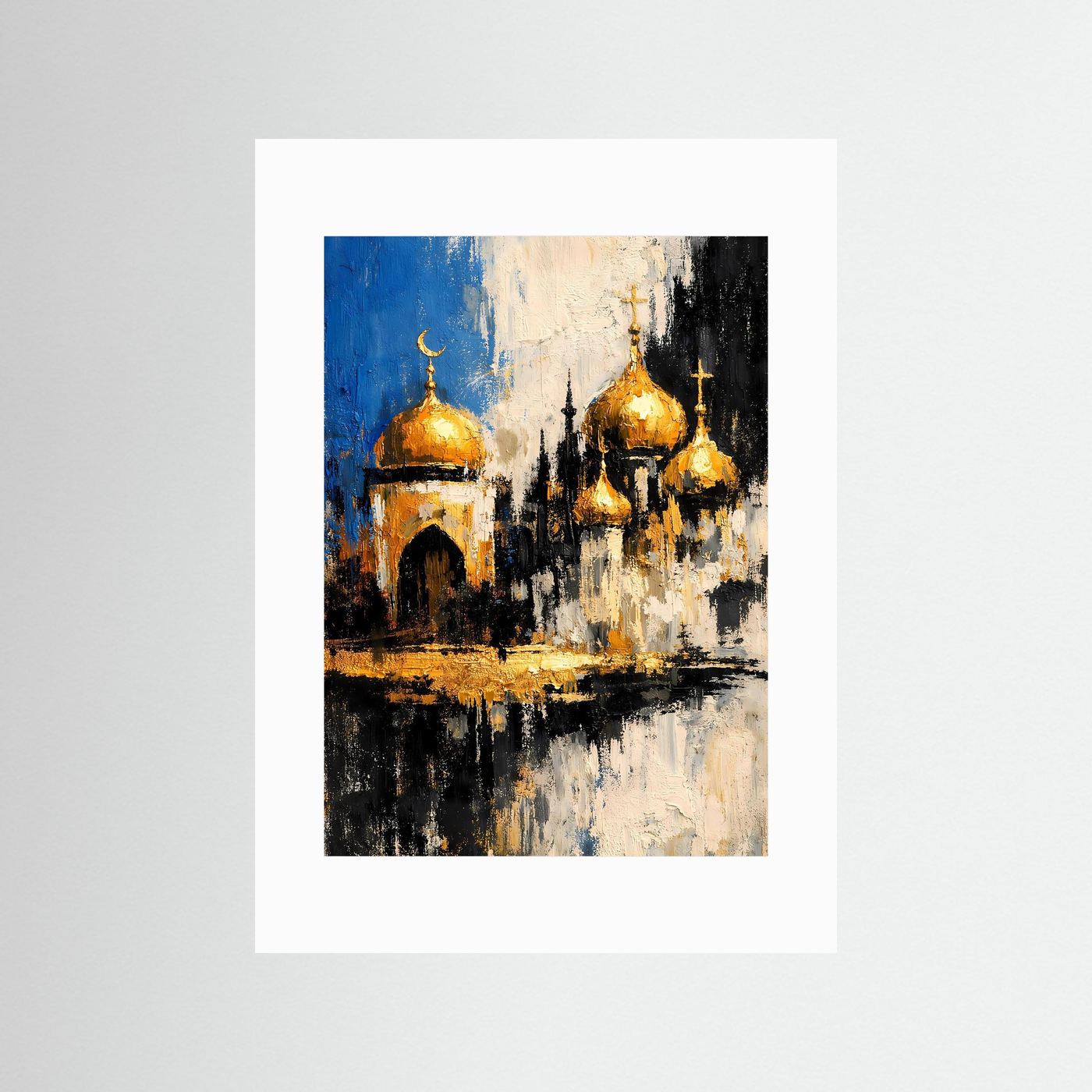 Poster mit weißem Passepartout: goldene Kuppeln, dunkle Silhouette, Hochformat
