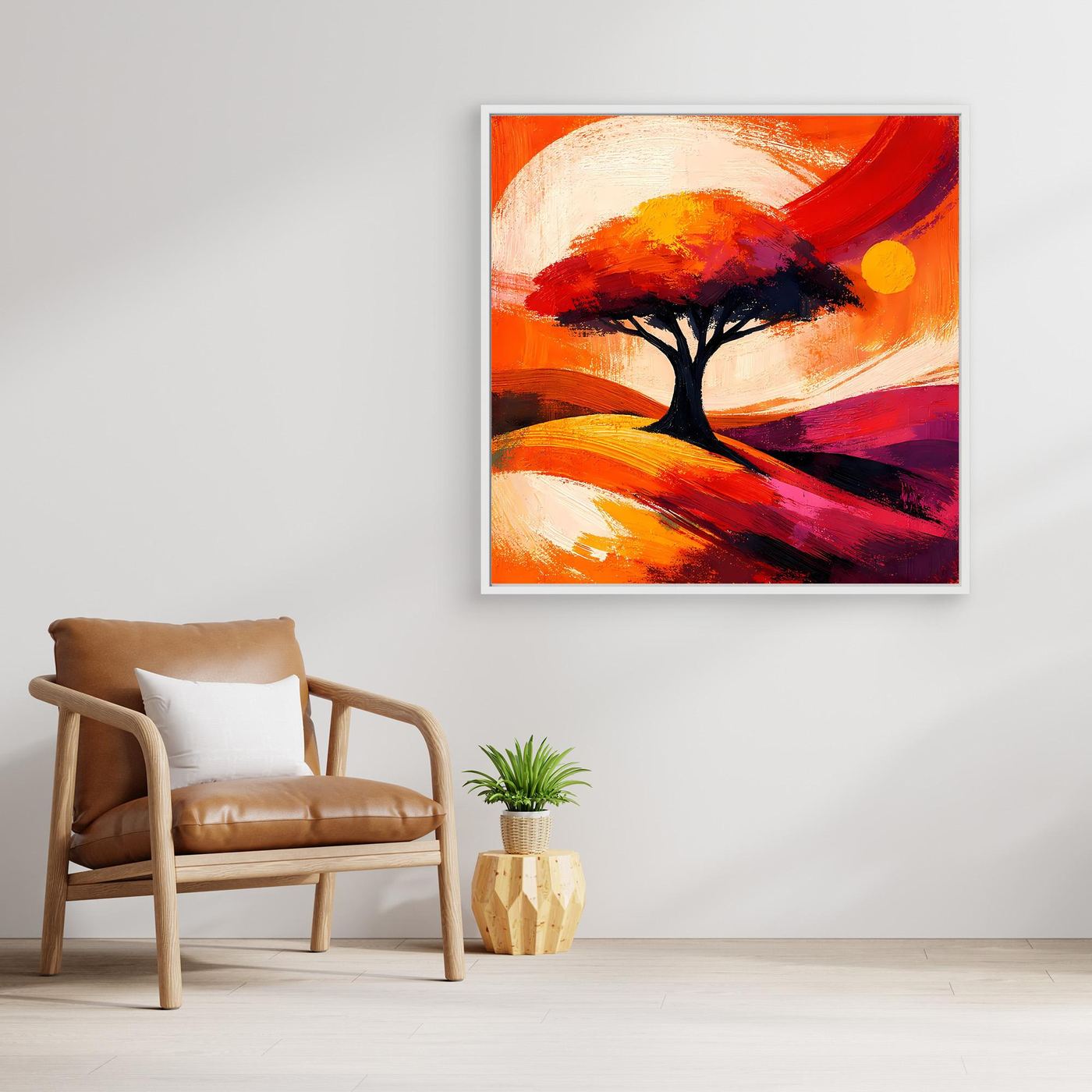 Leinwandbild: Baum-Silhouette auf abstraktem Hintergrund in Orange-Rot, mit hellem Kreis