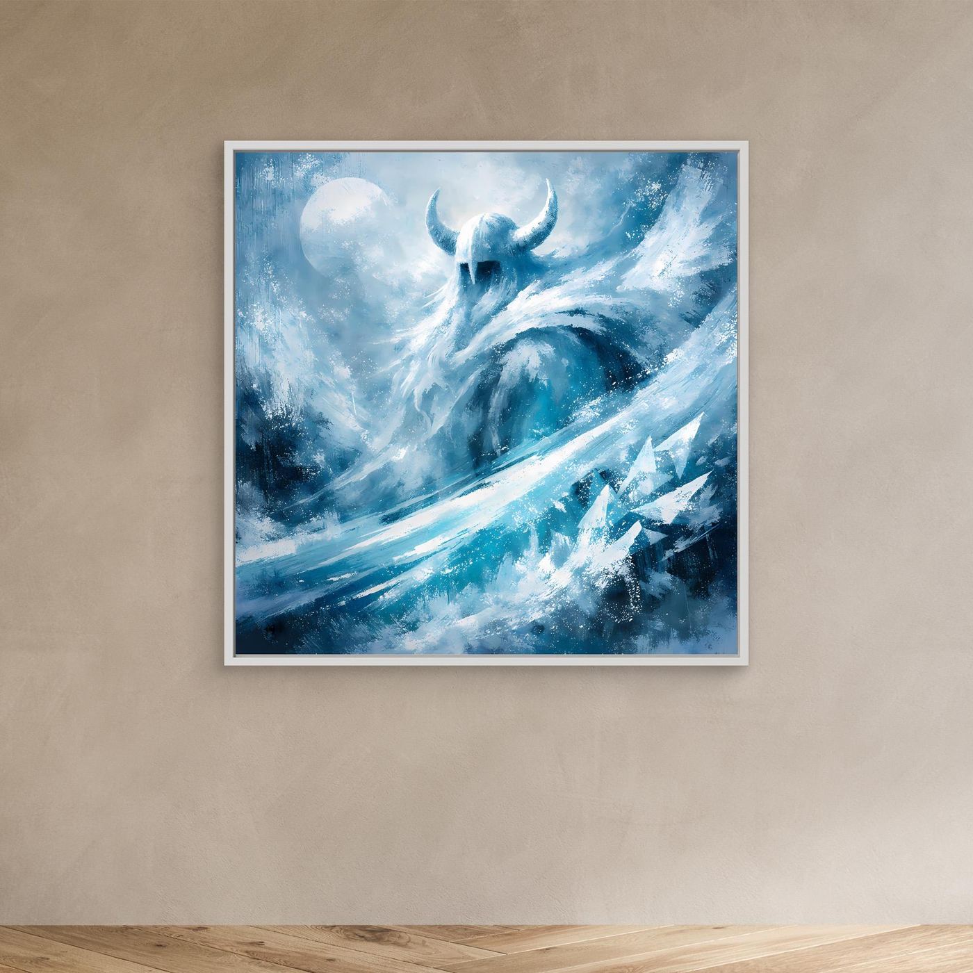 Leinwandbild mit Eiswikinger-Motiv in Blau und Türkis, quadratisch, mit hellem Rahmen