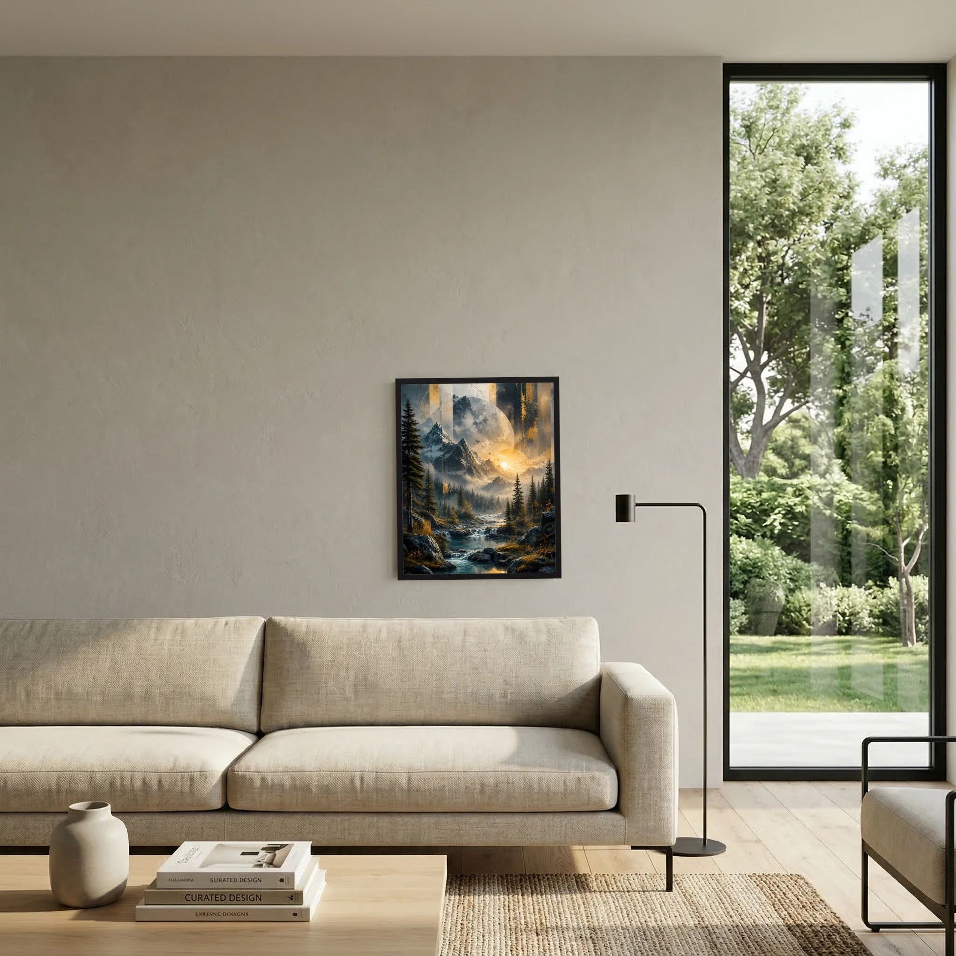 Gerahmtes Poster mit Berglandschaft, Fluss und goldener Sonne im Bildausschnitt