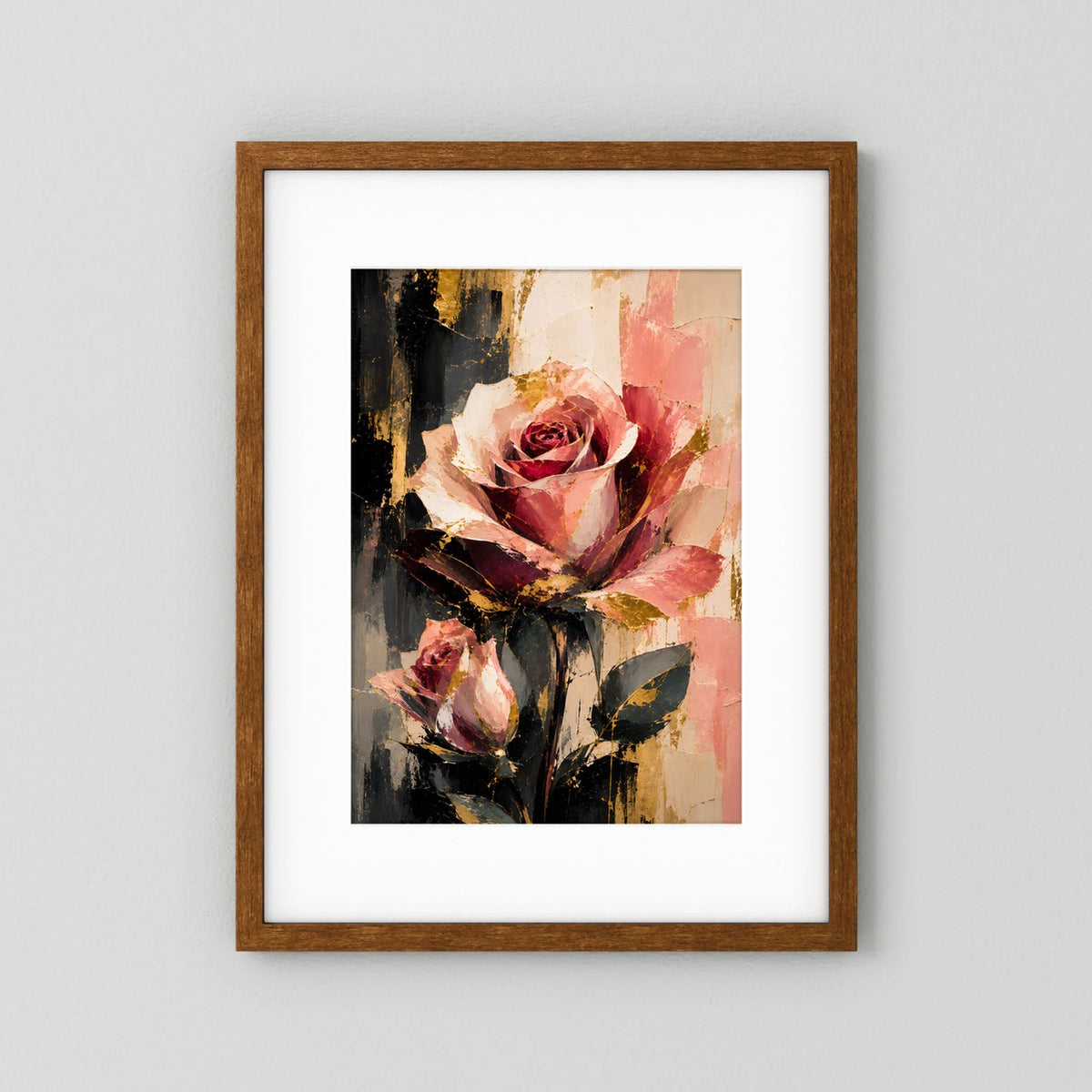 Blumenposter mit abstrakter Rose in Rosé und Gold, Holzrahmen mit weißem Passepartout.