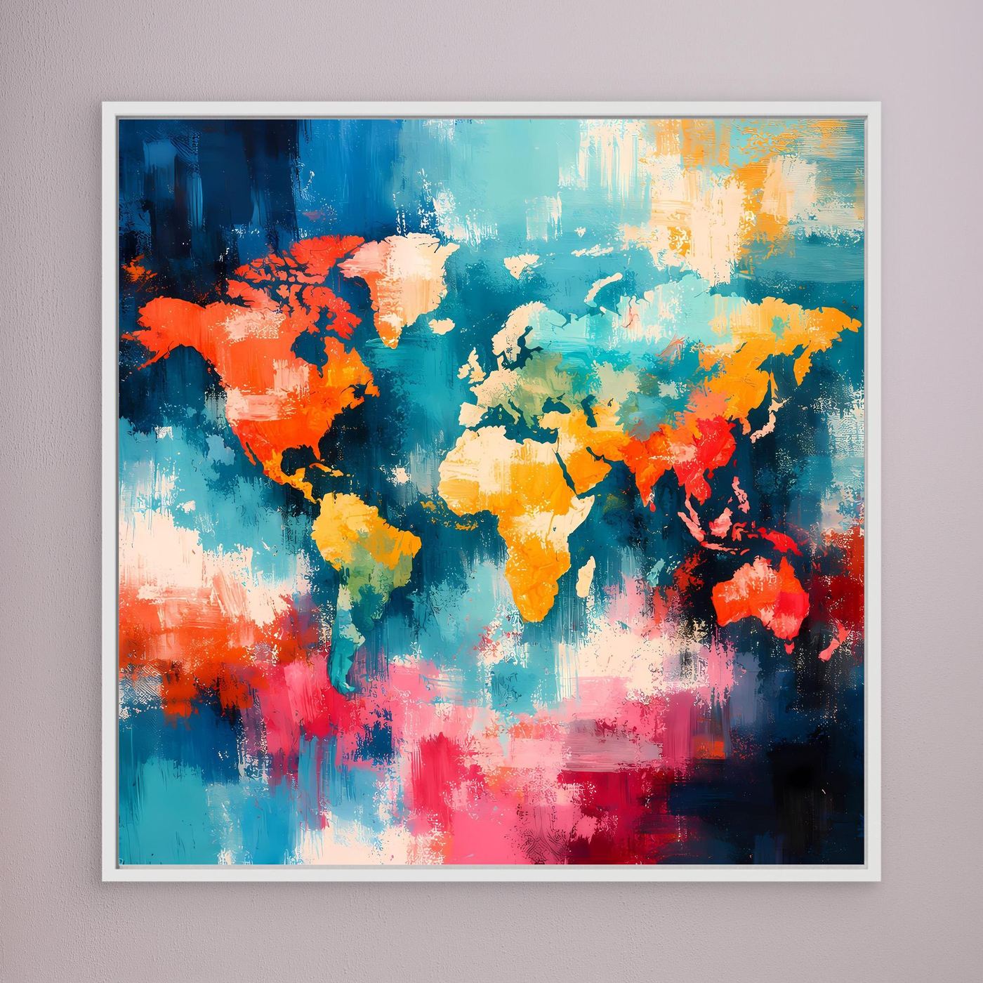 Abstract world map canvas with colorful splash-style continents in a white frame on wall