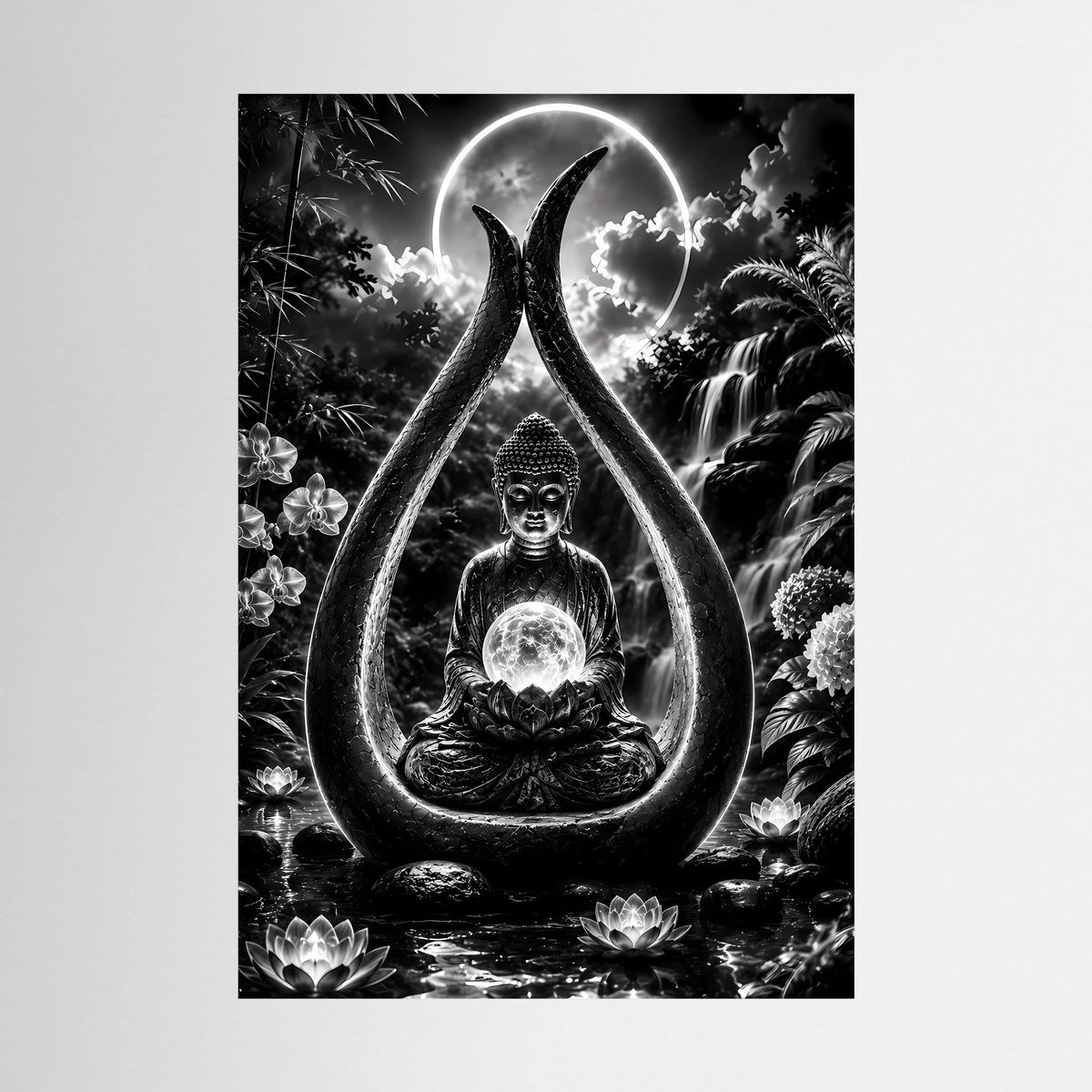 Poster mit Buddha im Mondlicht, Schwarzweiß, Hochformat