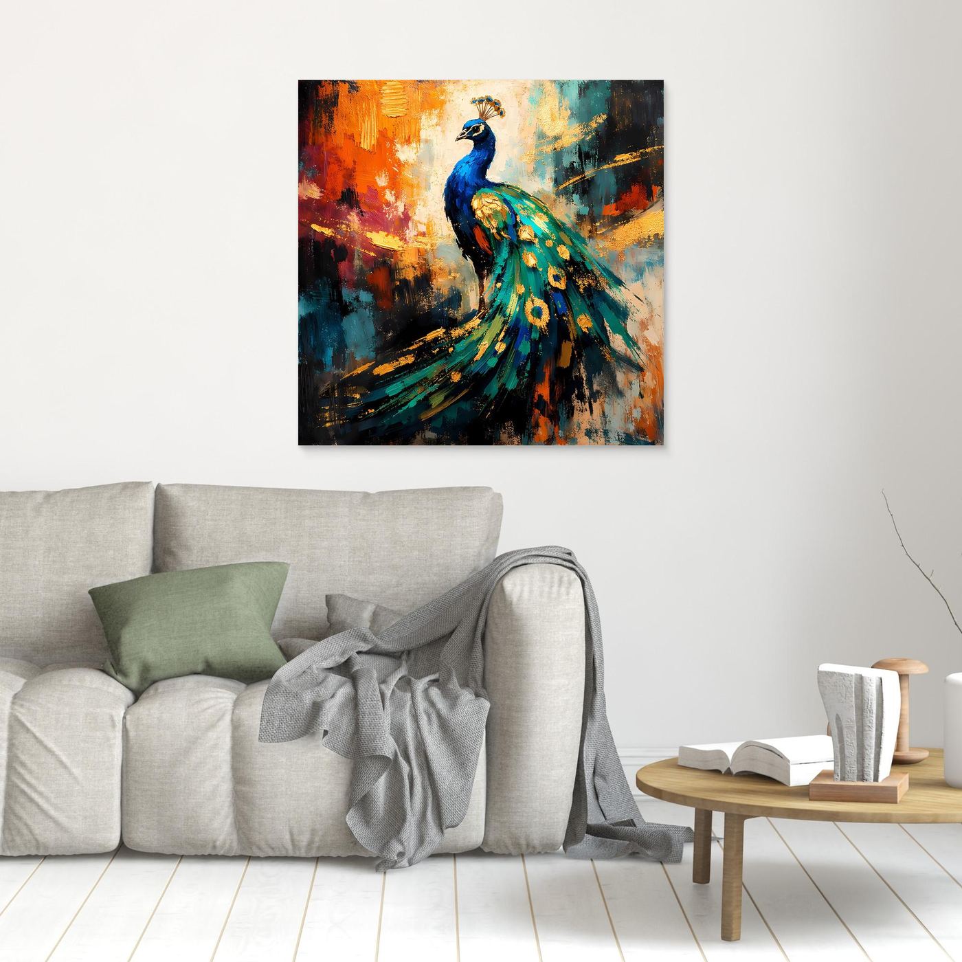 Leinwandbild mit leuchtendem Pfau-Motiv, kleiner Wandprint ohne sichtbaren Rahmen