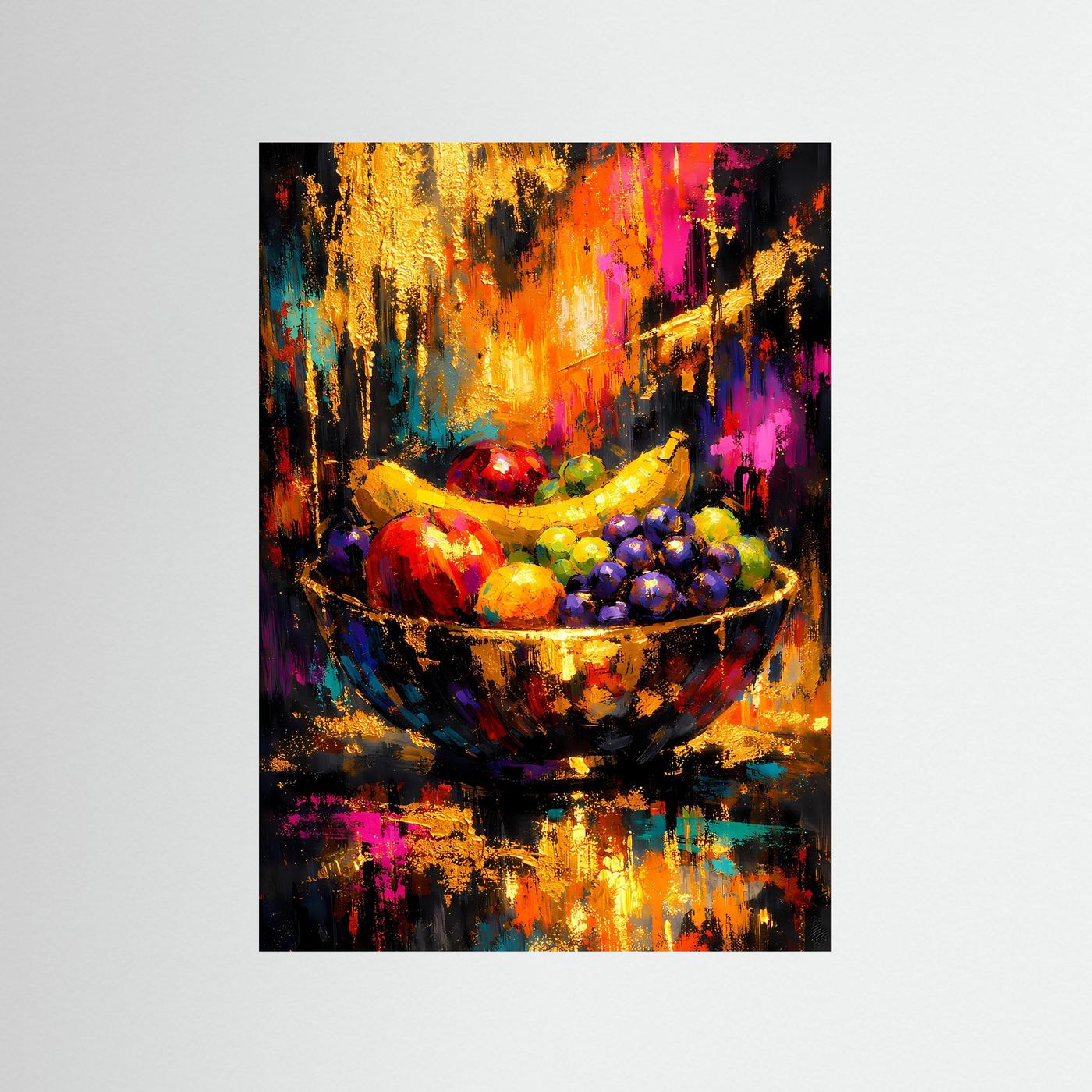 Abstraktes Stillleben-Poster: Obstschale mit bunten Früchten, schwarzer Rahmen