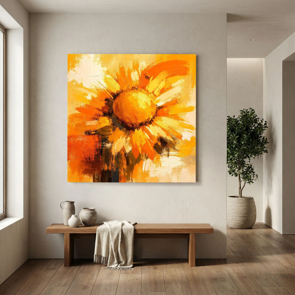 Leinwand Abstraktes Sonnenblumen Gemälde | Modernes Florales Wandbild Gelb Orange