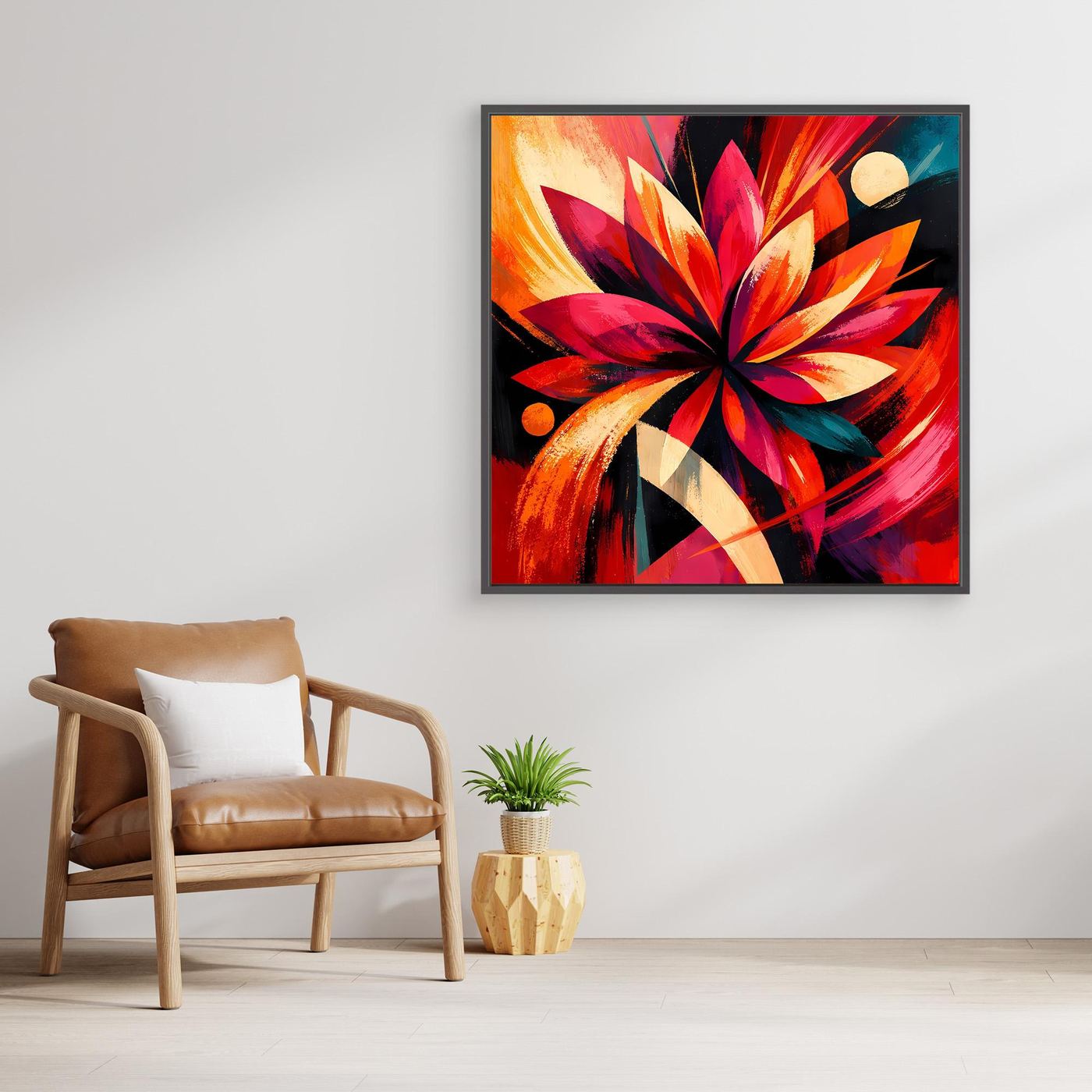 Quadratisches Leinwandbild mit abstrakter Blüte in Rot, Orange und Türkisfarbenen Akzenten