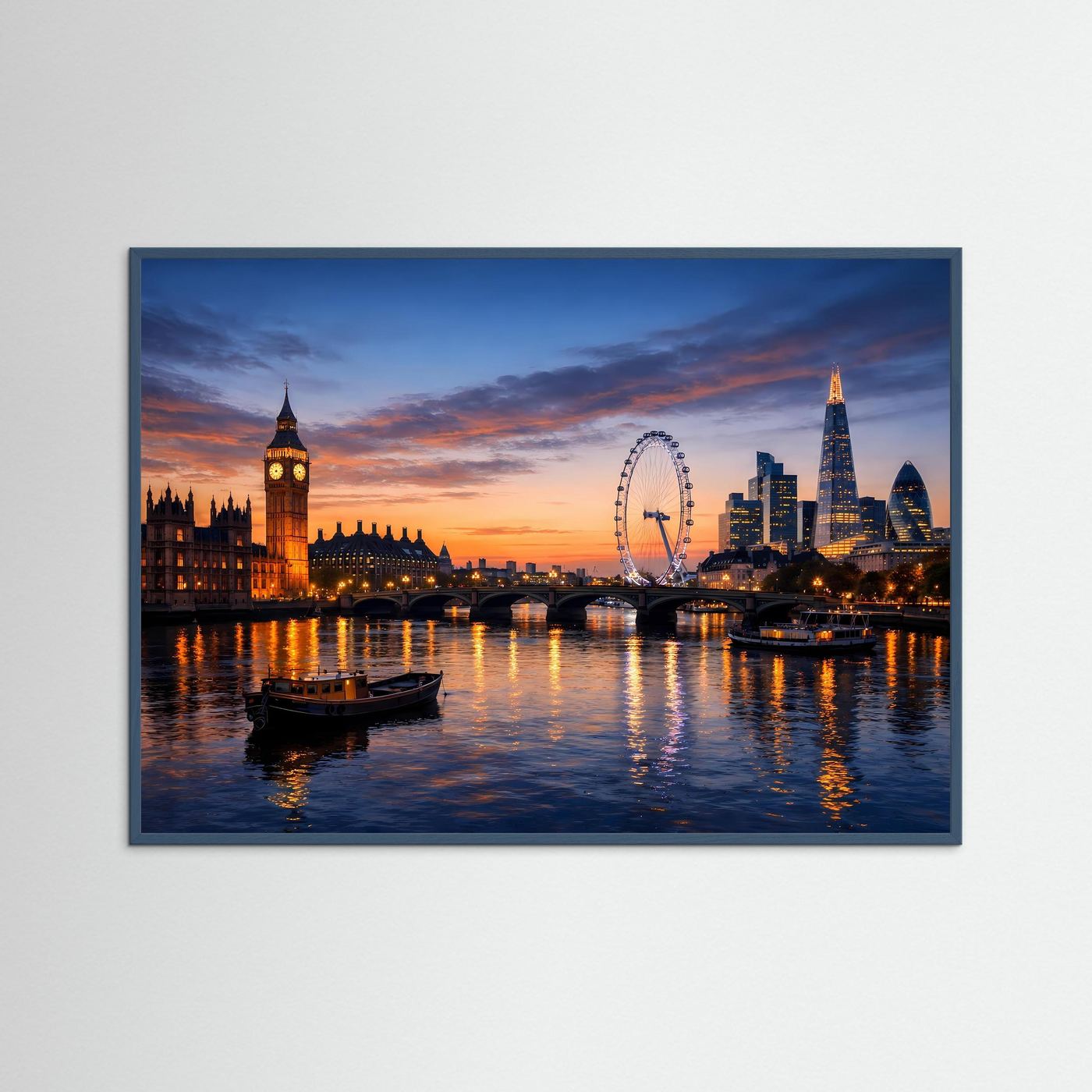 Querformatiges Poster: Londoner Skyline bei Sonnenuntergang, grauer Rahmen
