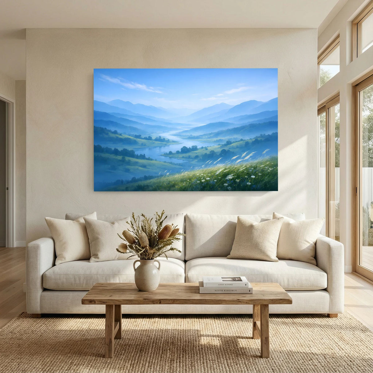 Querformatiges Wandbild in Blaugrün mit Nebel-Tal, grünen Hängen und Wiesenblumen