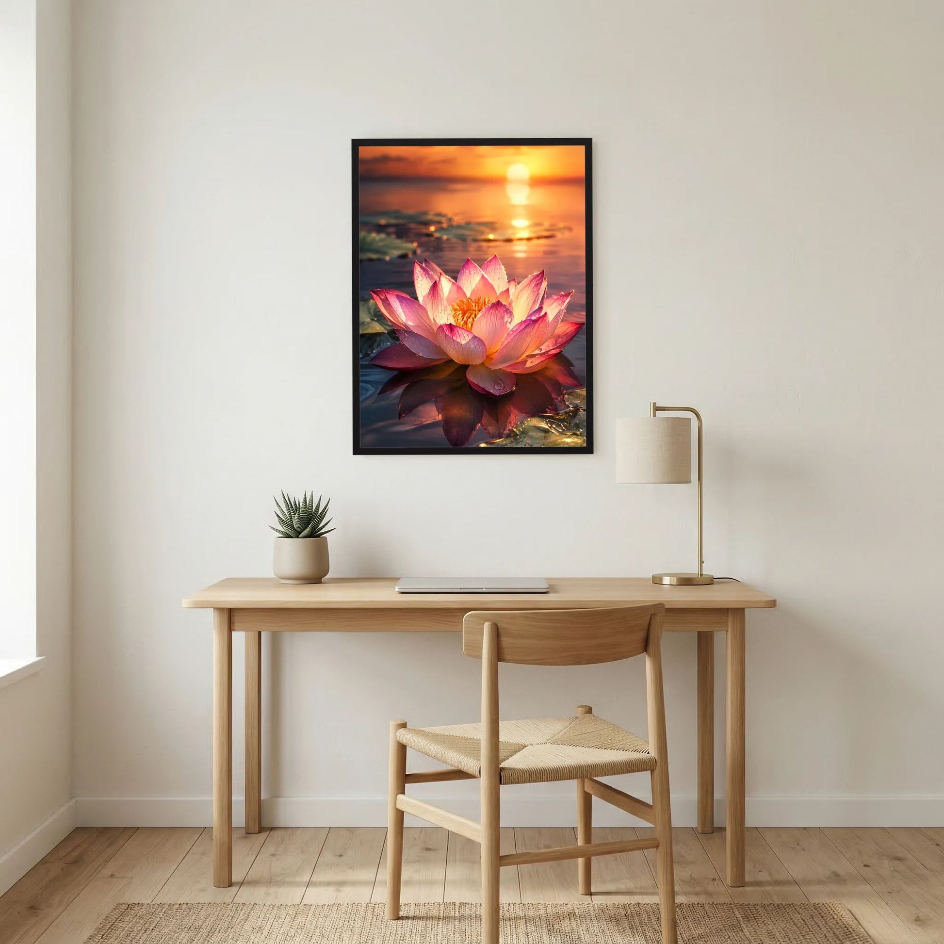 Gerahmtes Wandposter im Hochformat: rosafarbene Lotusblüte, goldener Sonnenuntergang über Wasser