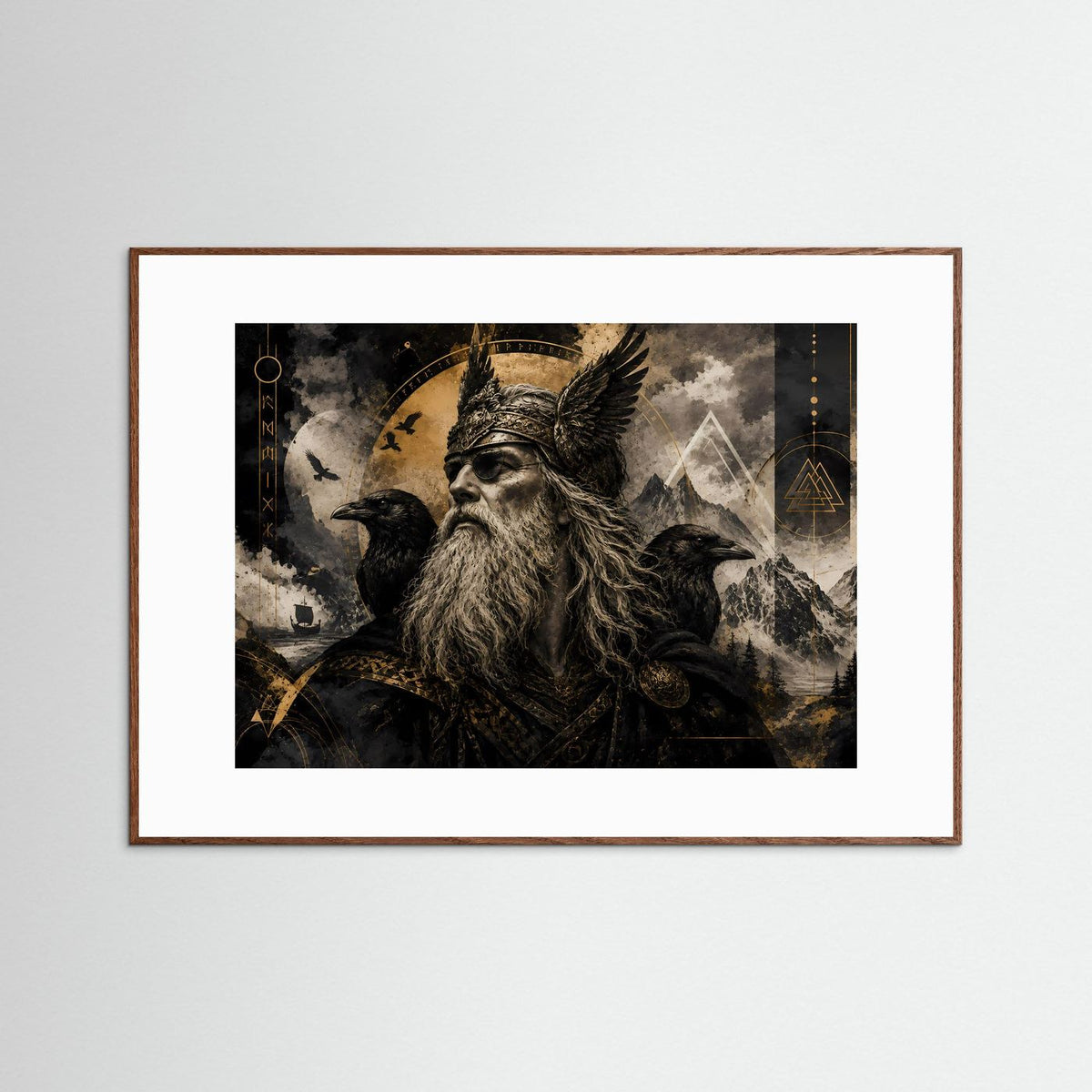 Querformat-Poster mit Odin und Raben, dunkler Motivdruck mit goldenen Details, in braunem Holzrahmen