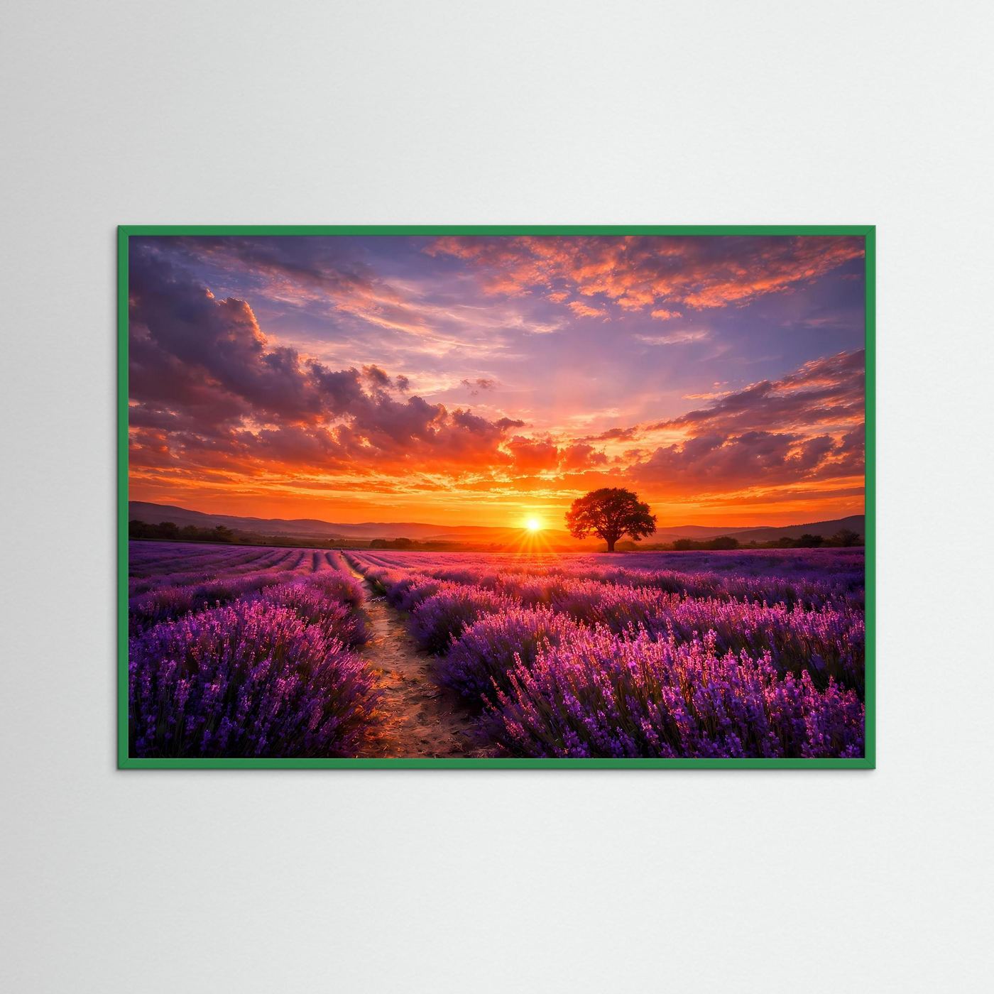 Wandbild mit Lavendelfeld bei Sonnenuntergang, grün gerahmt