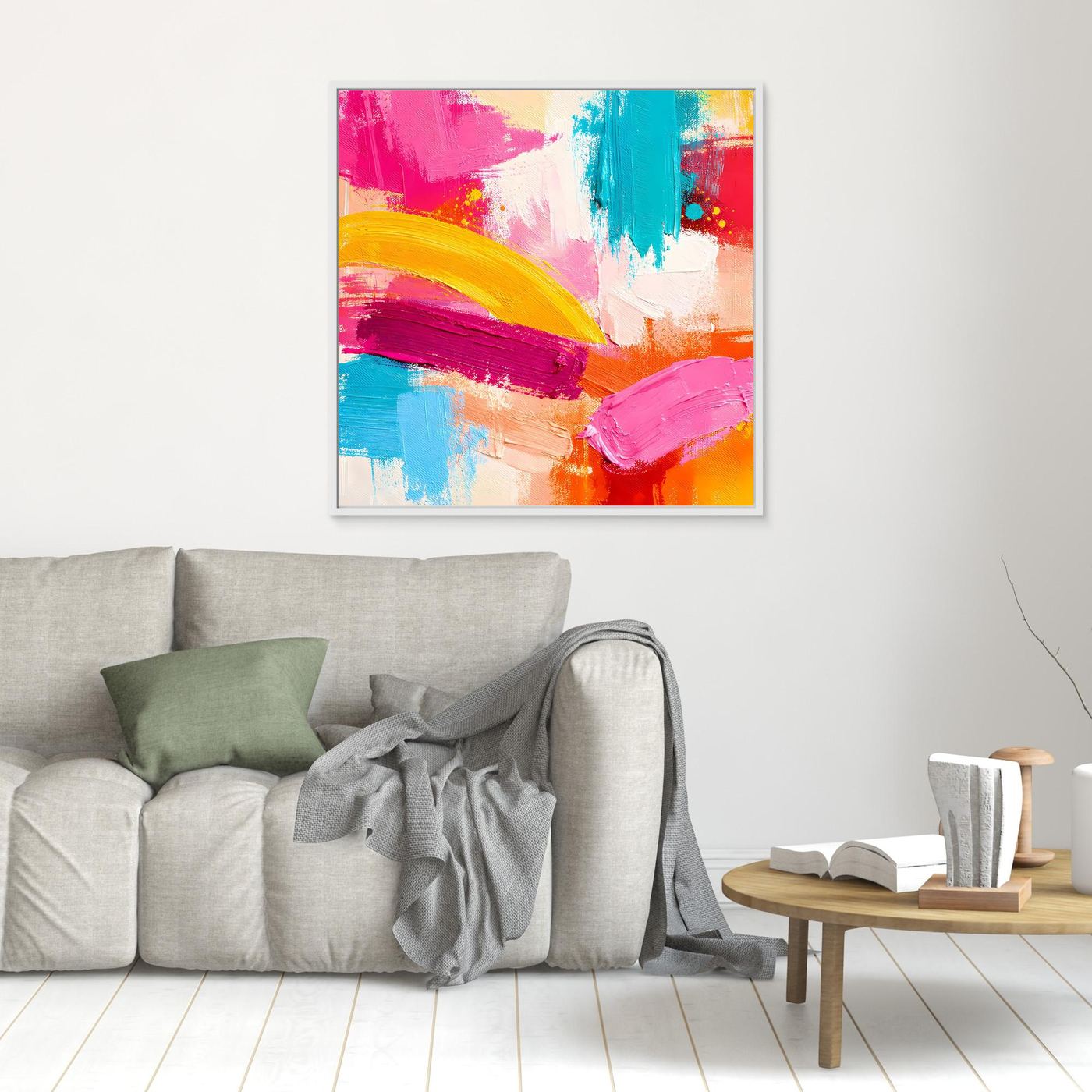 Kleines Leinwand-Abstraktbild mit pastelligen Pinselstrichen in Pink, Türkis, Gelb und Orange, hell gerahmt.