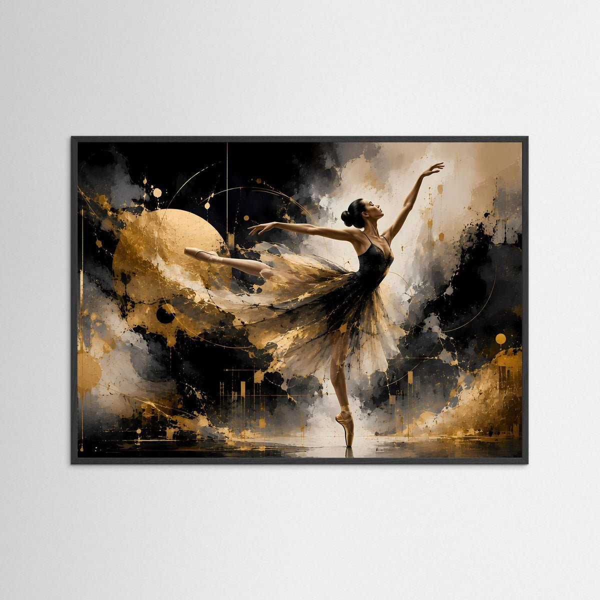Abstraktes Wandbild: Ballerina in schwebender Pose mit goldenen Spritzern, schwarzer Hintergrundspray