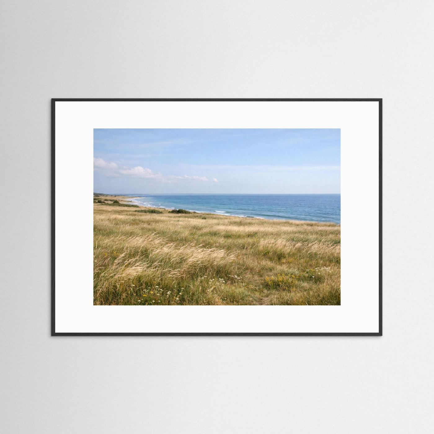 Naturposter im Querformat mit Ostseestrand und Küstendüne im schwarzen Rahmen mit Passepartout