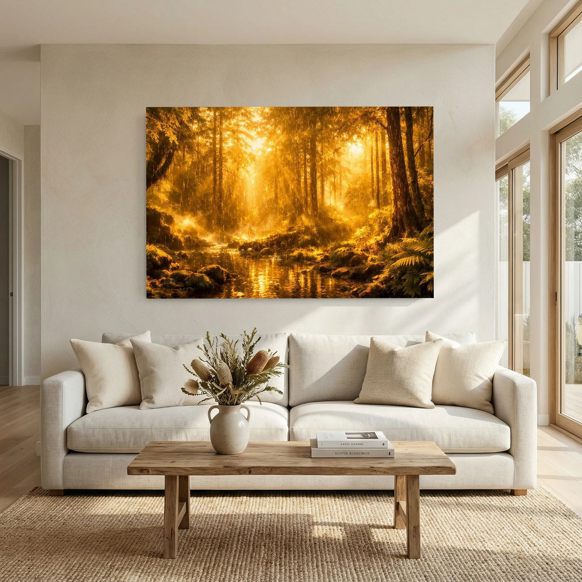 Wandbild mit goldener Waldlandschaft und Fluss über Sofa im Wohnzimmer