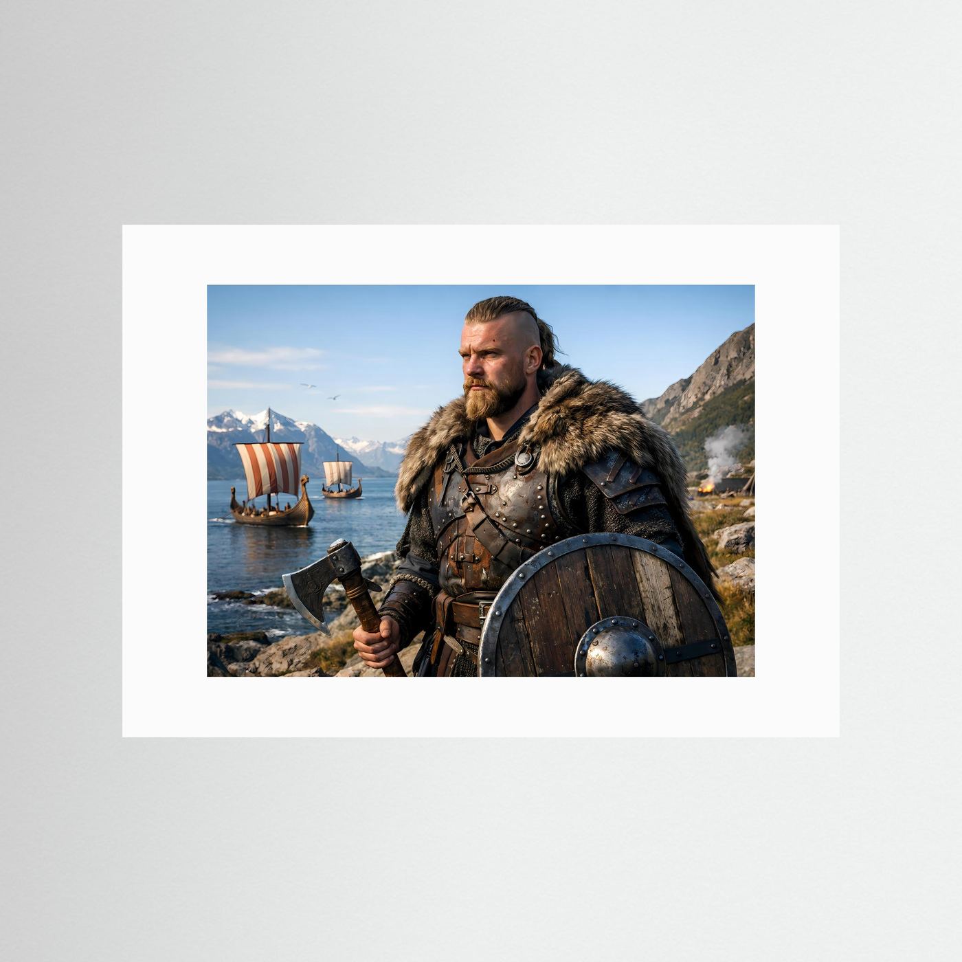 Poster ohne Rahmen: Wikinger-Krieger mit Schild und Axt sowie Drachenbooten