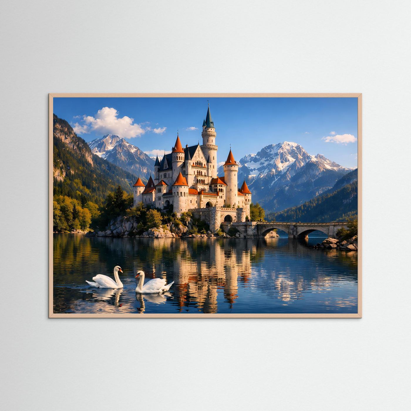 Querformat-Poster mit Märchenschloss, Schwänen im Wasser und schneebedeckten Bergen