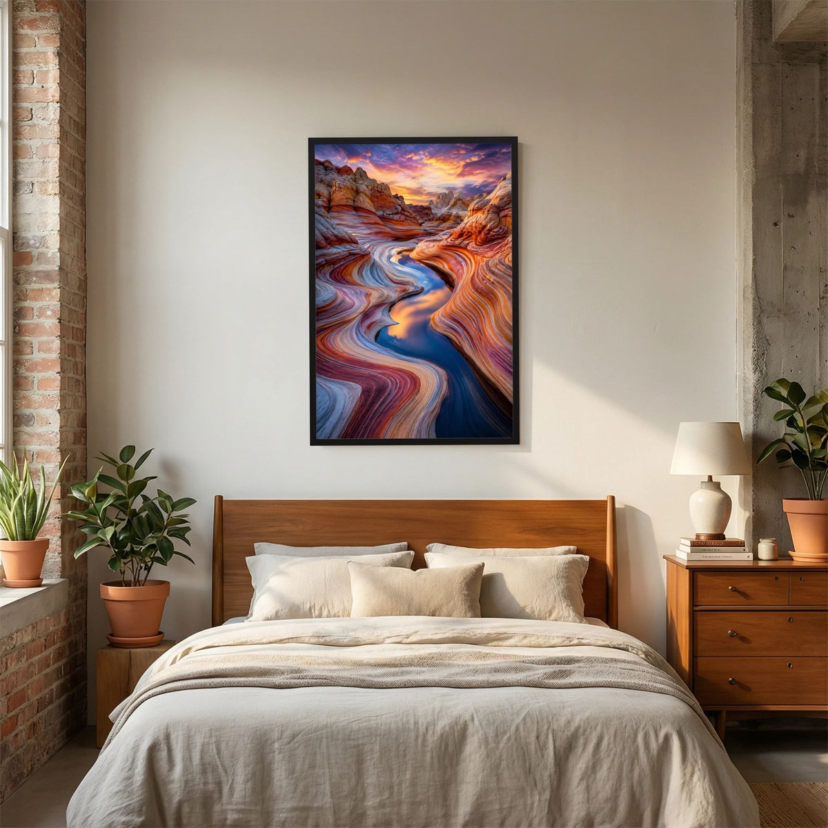 Poster im Hochformat mit kurvigen Felsrinnen im Sonnenuntergang, schwarzer Rahmen.