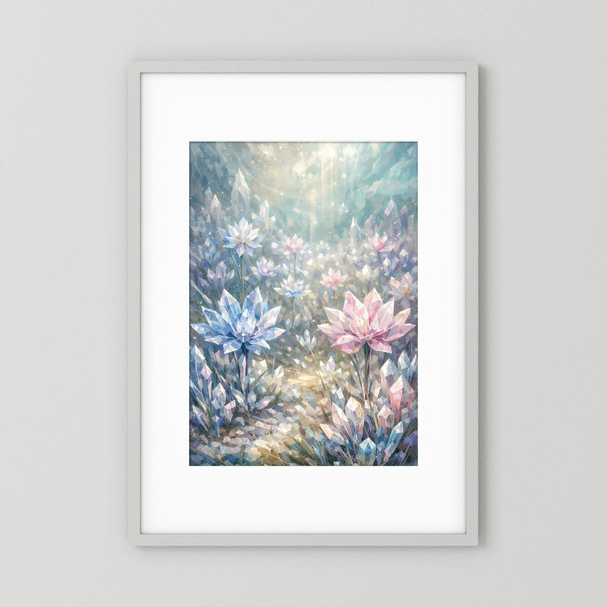 Poster im Hochformat mit pastelligen Kristallblumen in Rosa, Blau und Perlmutt